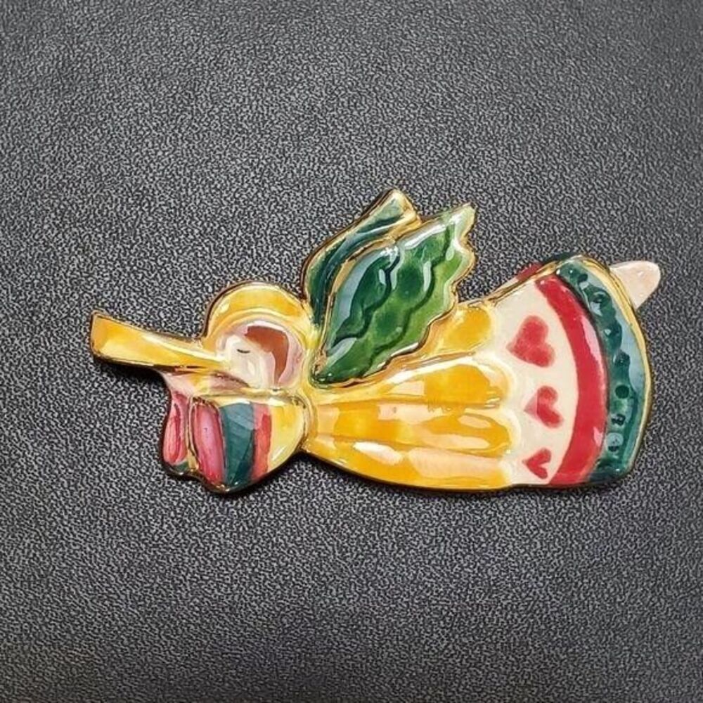 Vintage Flying Angel Porcelain Ceramic Painted Brooch Yellow Green Red